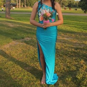 Sherri Hill Formal Long Dress Women Size 4 Blue Turquoise Low Back Gown.